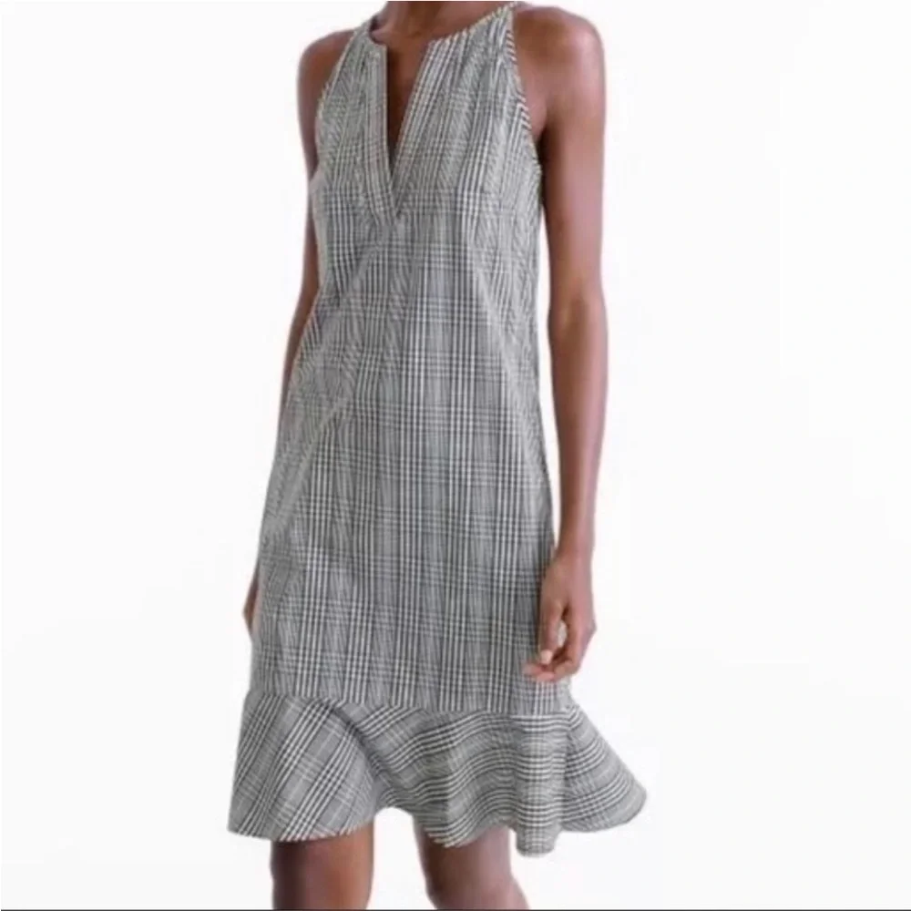 SOLD! J CREW 6 Navy Blue Plaid Flutter Hem Flounce Halter V Neck Shift Dress - Picture 1 of 15